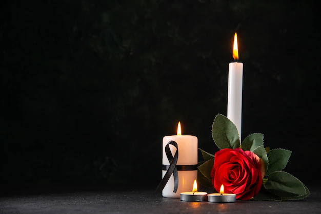 Front view burning candles with red flower dark surface 179666 37844